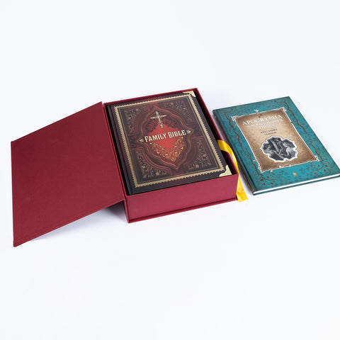 Luxury Family Bible in Red Gift Box + Apocrypha Book | KJV Illustrated Full Set