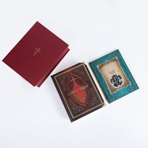Luxury Family Bible in Red Gift Box + Apocrypha Book | KJV Illustrated Full Set