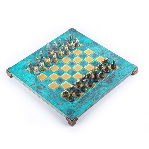 Cycladic Art Metal Chess Set Solid Brass Board 28Cm Turquoise Manopoulos S22Btir