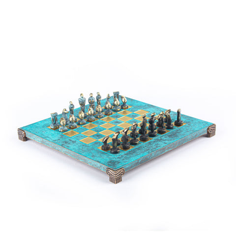 Cycladic Art Metal Chess Set Solid Brass Board 28Cm Turquoise Manopoulos S22Btir