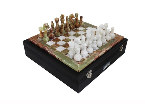 Italfama Onyx & White Marble Chess Set 12in Board, Leather Case, Italian