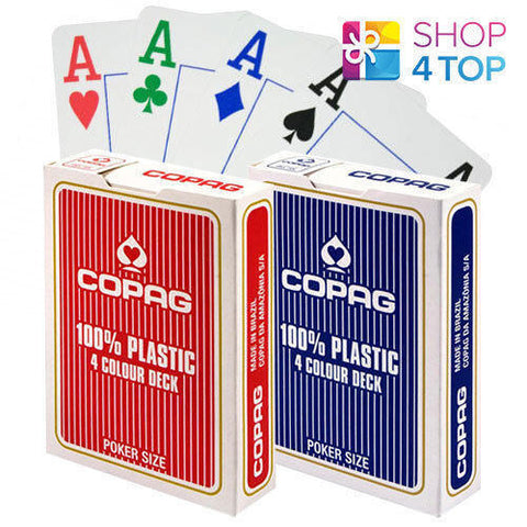 2 Decks Of Copag 4 Colour 100% Plastic Jumbo Index Poker Cards 1 Red 1 Blue NEW
