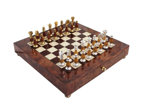 Handmade Brass & Wood Chess Set, Elm Board with Drawer, Italfama Italy