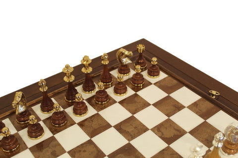 Italfama Marble Chess Table Set, Gold/Silver Plated Metal & Wood, Handmade