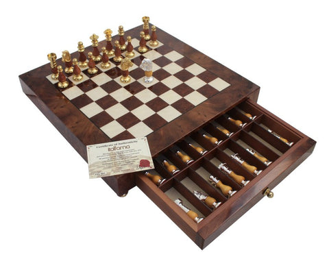 Handmade Brass & Wood Chess Set, Elm Board with Drawer, Italfama Italy