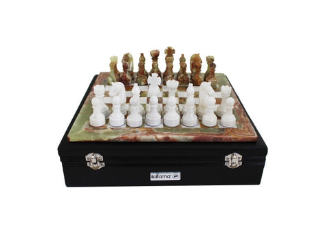 Italfama Onyx & White Marble Chess Set 12in Board, Leather Case, Italian