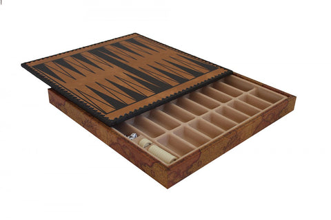 WWII Hand-Painted Chess Set, PU Leather Board w/ Storage, Checkers & Backgammon