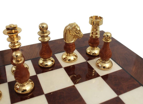 Handmade Brass & Wood Chess Set, Elm Board with Drawer, Italfama Italy