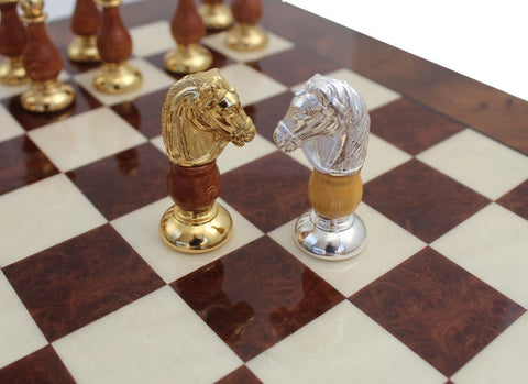 Handmade Brass & Wood Chess Set, Elm Board with Drawer, Italfama Italy