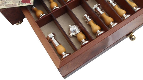 Handmade Brass & Wood Chess Set, Elm Board with Drawer, Italfama Italy