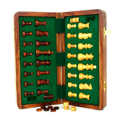 Italfama Magnetic Wooden Chess & Checkers Set, 13.5cm Folding Travel Board