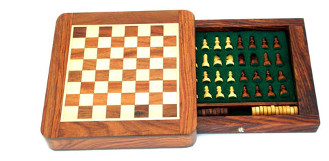 Italfama Magnetic Wooden Travel Chess Set with Drawer + Checkers, 13.5cm
