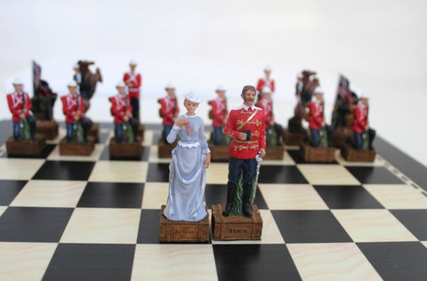 Italfama English vs Zulu Chess Set, Hand-Painted Resin, Walnut Board 40cm
