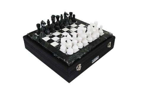 Handmade Marble Chess Set Black & White, 30cm Board, Leather Case, Italfama