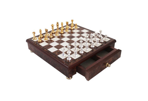 Italfama Handmade Brass Chess Set, Gold/Silver Plated, Elm Board Drawer