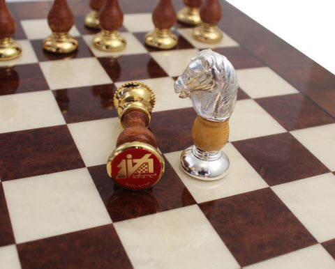 Handmade Brass & Wood Chess Set, Elm Board with Drawer, Italfama Italy