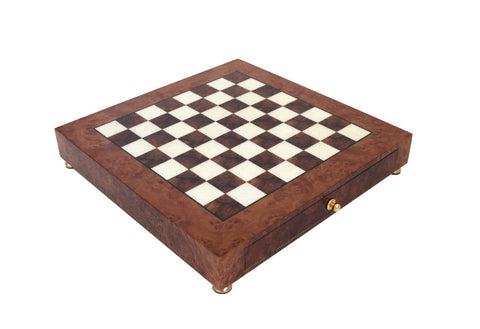 Handmade Brass & Wood Chess Set, Elm Board with Drawer, Italfama Italy