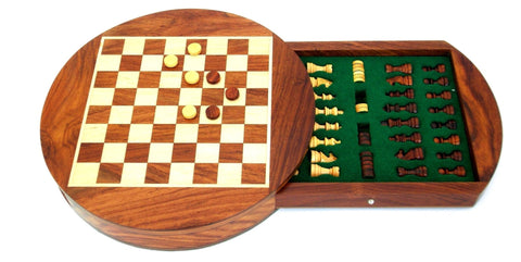 Italfama Magnetic Wooden Travel Chess Set, Round Board & Drawer, 16cm + Checkers