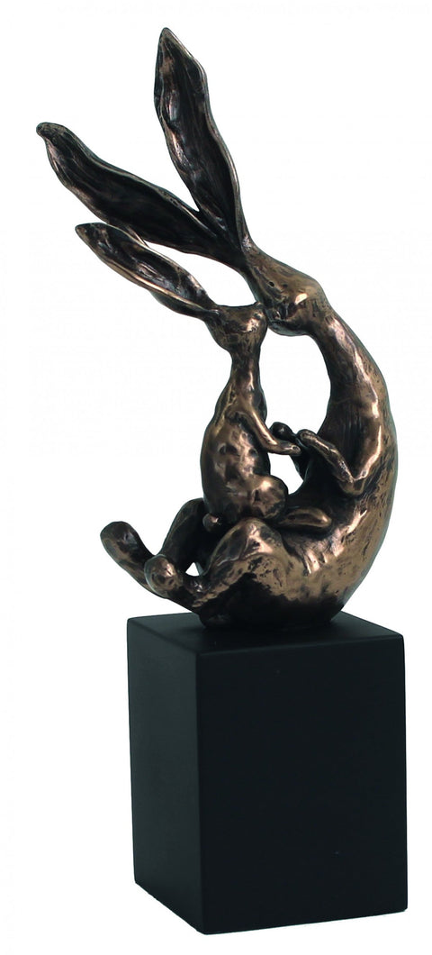 Bronze Finish Resin Rabbit Statue, Two Bunnies on Cube, 19cm, Made in Italy