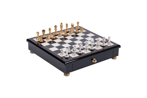 Italfama Brass Chess Set Handmade Gold/Silver Plated Wood Board w/Drawer 32x32cm