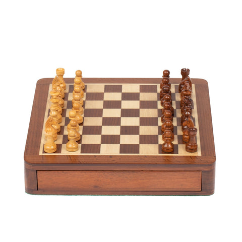 Italfama Magnetic Wooden Travel Chess Set w/ Drawer & Checkers, 19.5 cm