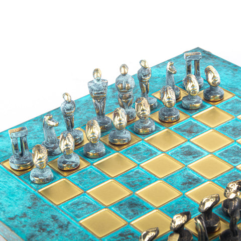 Cycladic Art Metal Chess Set Solid Brass Board 28Cm Turquoise Manopoulos S22Btir