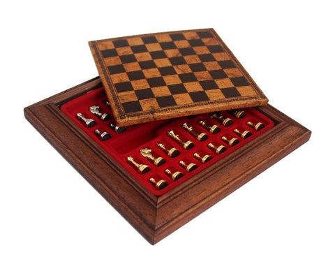 Italfama Gold & Silver Plated Metal Chess Set, Wood Board Drawer, 17x17cm Italy