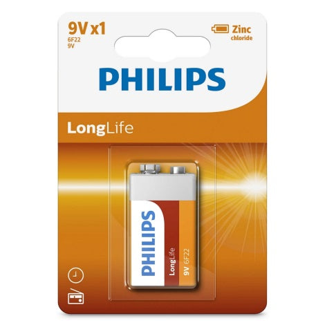 Philips Longlife 9V Battery 6F22 Zinc Chloride Batteries 1604D 1Bl 11