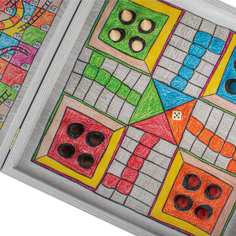 Chess/Backgammon/Ludo/Snakes - Children's Freehand Colored Drawing Sketch in Grey wooden case