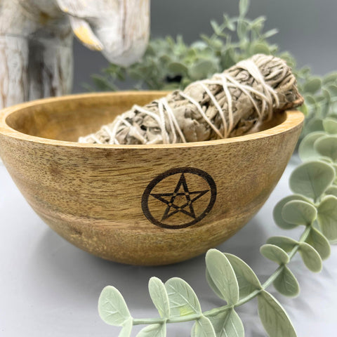 Wooden Smudge and Ritual Offerings Bowl - Pentagram Ancient Wisdom (14x7)