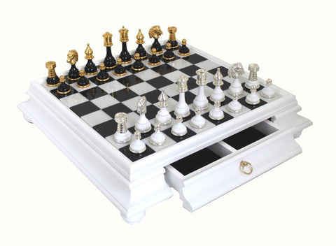 Italfama Made in Italy Handmade Brass & Wood Chess Set, Marble Board Drawer