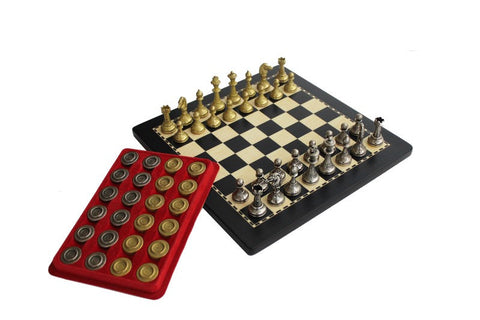 Italfama Wooden Chess Set, Metal Gold & Silver Pieces + Checkers, Italy