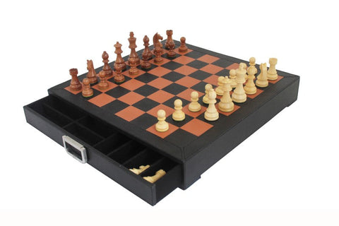 Italfama Wooden Chess Set, Leather Board & Drawer, Handcrafted Italy