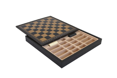 Italian Brass Chess Set Gold/Silver Plated Leather Board with Storage & Checkers