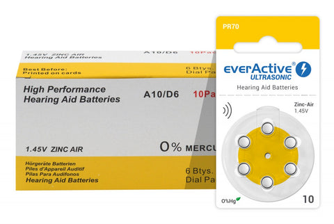 6x Everactive Ultrasonic Size 10 PR70 Hearing Aid Batteries 1.45V Zinc Air