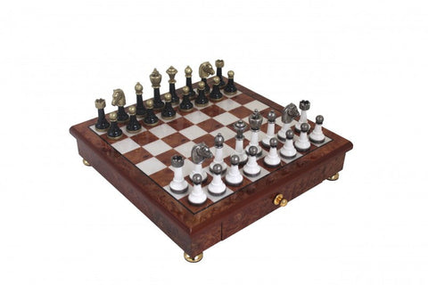 Italfama Handmade Chess Set Gold/Silver Metal Pieces, 32cm Wood Board w/ Drawer