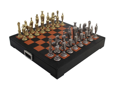 Renaissance Metal Chess Set Gold/Silver, Leather Board with Drawer, Italfama