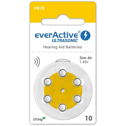 6x Everactive Ultrasonic Size 10 PR70 Hearing Aid Batteries 1.45V Zinc Air