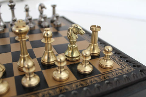 Italian Brass Chess Set Gold/Silver Plated Leather Board with Storage & Checkers