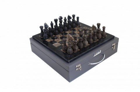 Italfama Italian Marble Chess Set Black & Gray, Leather Case, 30cm Board