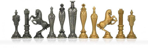 Renaissance Metal Chess Set Gold/Silver, Leather Board with Drawer, Italfama