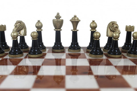 Italfama Handmade Chess Set Gold/Silver Metal Pieces, 32cm Wood Board w/ Drawer