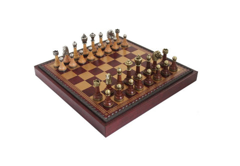 Luxury 3-in-1 Chess Set Metal/Wood, Faux Leather Board w/ Storage, Italfama