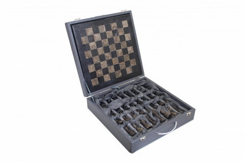 Italfama Italian Marble Chess Set Black & Gray, Leather Case, 30cm Board