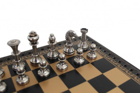 Italian Brass Chess Set Gold/Silver Plated Leather Board with Storage & Checkers