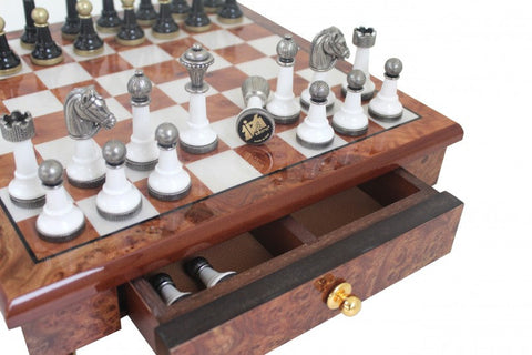 Italfama Handmade Chess Set Gold/Silver Metal Pieces, 32cm Wood Board w/ Drawer