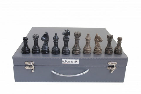 Italfama Italian Marble Chess Set Black & Gray, Leather Case, 30cm Board