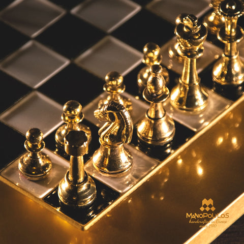 Classic Metal Staunton Chess Set Gold & Silver Chessmen 28Cm Manopoulos S32Bla