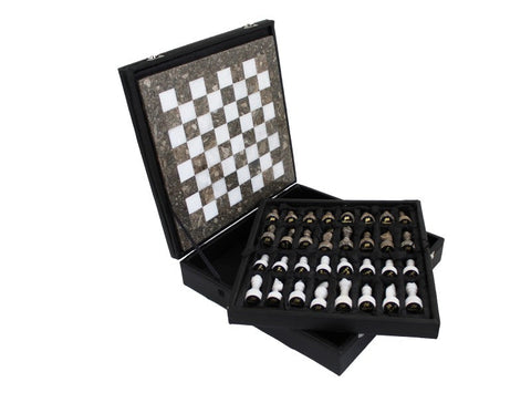 Italfama Handmade Marble Chess Set, Gray & White, 30cm Board, Leather Case
