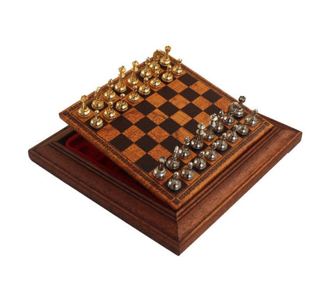 Italfama Gold & Silver Plated Metal Chess Set, Wood Board Drawer, 17x17cm Italy